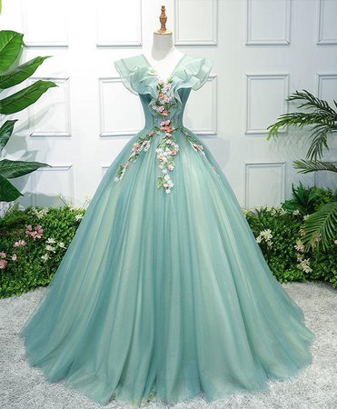 BEAUTIFUL GREEN TULLE V NECK PROM DRESS, EVENING GOWN