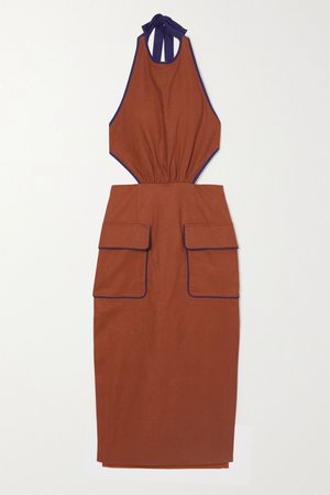 Tan Apfel two-tone linen-blend halterneck midi dress | STAUD | NET-A-PORTER