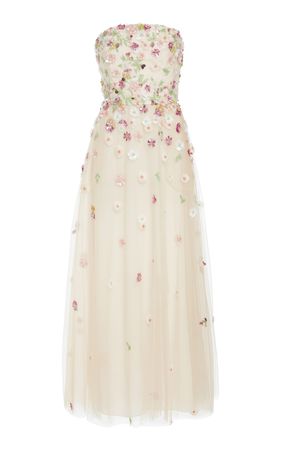 Floral-Embroidered Tulle Strapless Midi Dress By Elie Saab | Moda Operandi