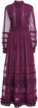 Costarellos Gwyneth Lace-Trimmed Pleated Silk Chiffon Maxi Dress