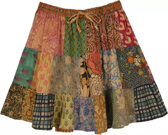 Floral Hues Cotton Patchwork Bohemian Short Skirt | Short-Skirts | Orange | Patchwork, Tiered-Skirt,Floral, Printed, Bohemian