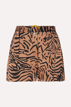 Kid Belted Tiger-print Satin Shorts - Light brown