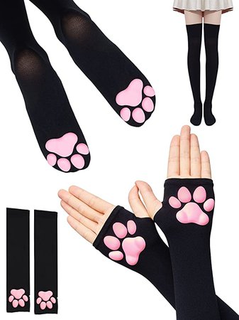 Amazon.com: 2 Pairs Cat Paw Pad Thigh High Socks Cute Cat Paw Gloves Set 3D Kitten Claw Stockings Pink Cat Paw Long Fingerless Gloves for Women : Clothing, Shoes & Jewelry