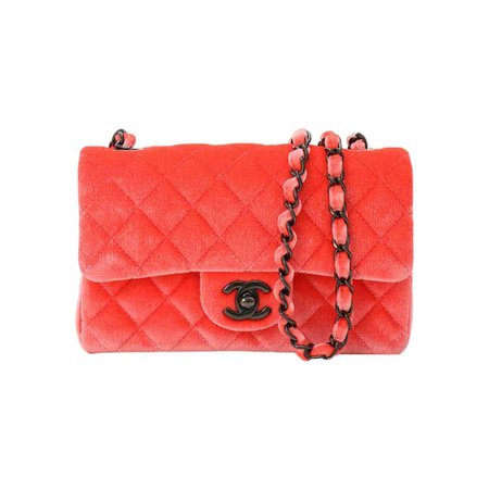 Chanel 2014 Coral Velvet Small Medium So Black CC Classic Flap Bag