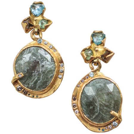Large Gray Sapphire Diamond 22-21 Karat Gold Dangle Drop Organic Earrings For Sale at 1stDibs
