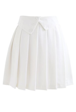 Buttoned Folded Waist Pleated Mini Skirt in White - Retro, Indie and Unique Fashion