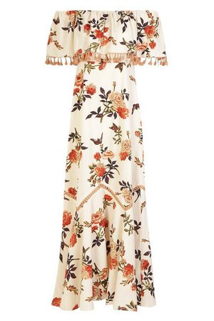 Floral Off The Shoulder Tassel Trim Maxi Dress | Boohoo