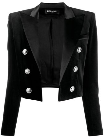 farfetch balmain velvet black crop blazer jacket