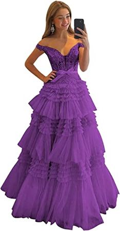 Women's Sparkly Glitter Tulle Prom Dresses Long Ball Gown Off The Shoulder Lace Ruffles Tiered Formal Gown at Amazon Women’s Clothing store