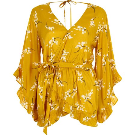 Yellow floral tie front wrap top - Blouses - Tops - women