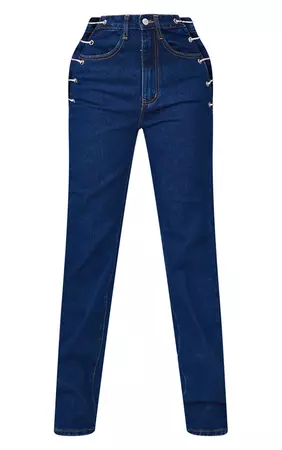 Dark Blue Wash Diamanté Lace Up Side Detail Jeans | PrettyLittleThing CA