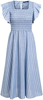 BerryGo Women's Vintage Sleeveless Striped Ruffle Cotton Midi Dress with Pocket Blue-M at Amazon Women’s Clothing store