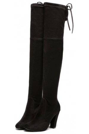 Suede Black Long Knee High Heels Point Head Tied Up Boots Women Shoes