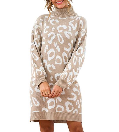 ZESICA Women's Fall Winter Long Sleeve Turtleneck Leopard Print Oversized Chunky Knitted Pullover Tunic Sweater Dress Apricot at Amazon Women’s Clothing store