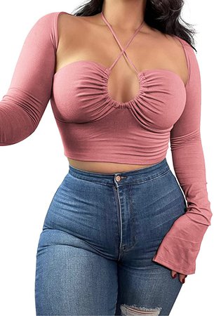 KERPELLY Women's Sexy Halter Criss Cross Tie Up Crop Top Basic Long Sleeve Cut Out T Shirt,Mauve,M at Amazon Women’s Clothing store