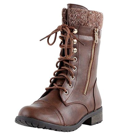 Amazon.com | Forever Link Womens Mango-31 Round Toe Military Lace Up Knit Ankle Cuff Low Heel Combat Boots, Brown Pu, 10 | Ankle & Bootie