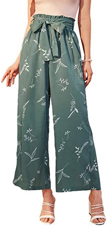 Milumia Women Boho Floral Print Belted Paperbag Waist Wide Leg Palazzo Pants Green at Amazon Women’s Clothing store