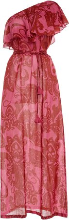Le Sirenuse Positano Pomegranate Anne Paisley Cotton One-Shoulder Dres