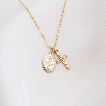 Tiny Virgin Mary & Cross Necklace | Simple & Dainty