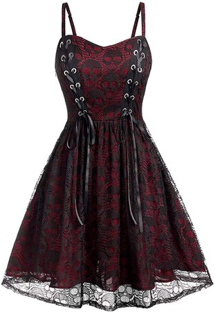 TWGONE Goth Dress for Women Plus Size Halloween Lace Mesh Patchwork Sleeveless Camisole Mini Dresses(Large, WineRed) at Amazon Women’s Clothing store