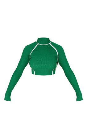 Green Binding Rib Knit High Neck Crop Top | PrettyLittleThing USA