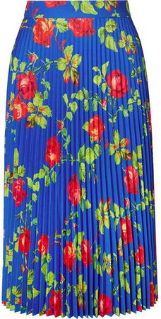Floral-print Plissé-crepe Midi Skirt - Blue