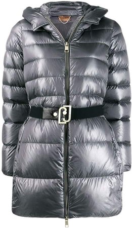 long-line belted puffer jacket