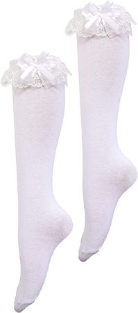 CAT KO Women Soft Knee High Socks Lovely & Cute Solid color Lace Ruffle Girls socks for Lolita ONLY TRUE SOLD (WHITE)