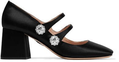 Crystal And Faux Pearl-embellished Satin Pumps - Black