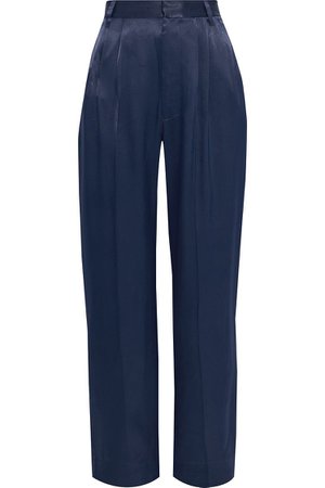 Midnight blue Cress pleated satin-twill straight-leg pants | Sale up to 70% off | THE OUTNET | IRIS & INK | THE OUTNET