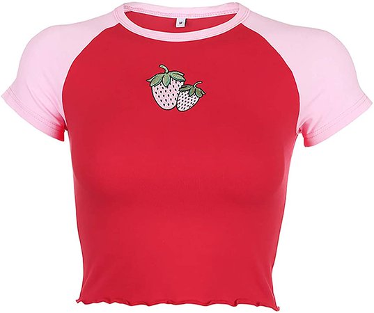 Avanova Women's Strawberry Print Raglan Lettuce Trim Short Sleeve Tee Crew Neck Crop Top T Shirt Pink Red Large at Amazon Women’s Clothing store