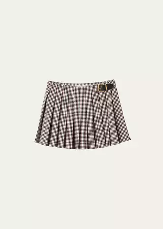 Miu Miu Logo-Emboidered Pleated Gingham Check Mini Skirt - Bergdorf Goodman