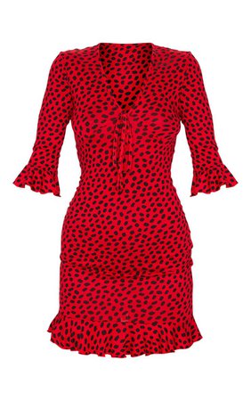 Red Dalmatian Print Tie Frill Hem Bodycon Mini Dress | PrettyLittleThing USA