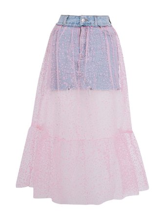 Denim skirt w/ long sheer pink skirt