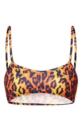 Orange Leopard Print Scoop Neck Bikini Top | PrettyLittleThing USA