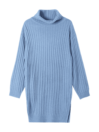 Turtleneck Slit Drop Shoulder Tunic Sweater Dress