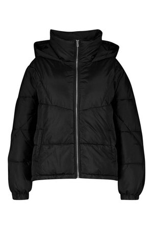 Plus Hooded Funnel Neck Puffer Jacket | Boohoo black