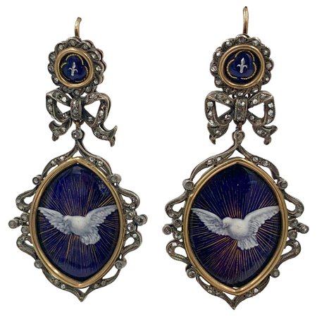 Georgian Enamel Dove Bird Earrings Rose Cut Diamonds Museum Quality For Sale at 1stDibs