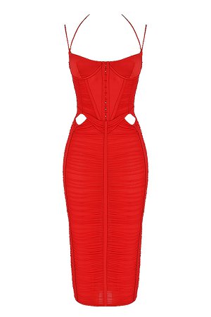 Clothing : Midi Dresses : 'Maya' Scarlet Ruched Midi Dress