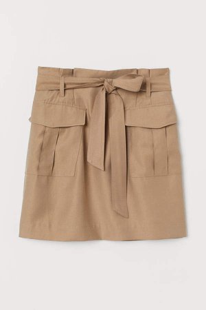 Lyocell-blend Paper-bag Skirt - Beige