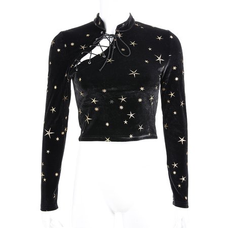 Stand collar tie Epoxy Star velvet Chinese style T-shirt top