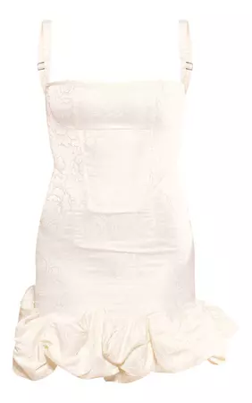 Cream Jacquard Puff Ball Hem Mini Dress | PrettyLittleThing CA