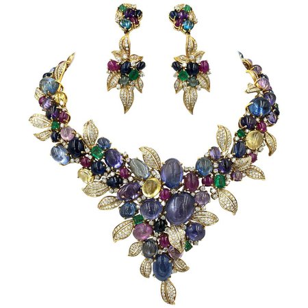 Multicolored Sapphire Diamond Emerald Ruby and 18 Karat Yellow Gold Necklace Set