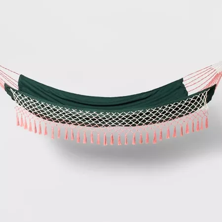Flat Weave Macrame Fringe Hammock Green/Pink - Opalhouse™ : Target