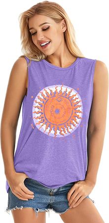 Summer Tank Tops for Women Graphic Rainbow T Shirts Sleeveless Casual Loose Tunic Blouse(Purple Sun, S) at Amazon Women’s Clothing store