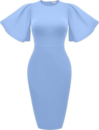 Memoriesea Women's Basic Bodycon Ruffle Flared Short Sleeve Pencil Midi Dress Light Blue at Amazon Women’s Clothing store