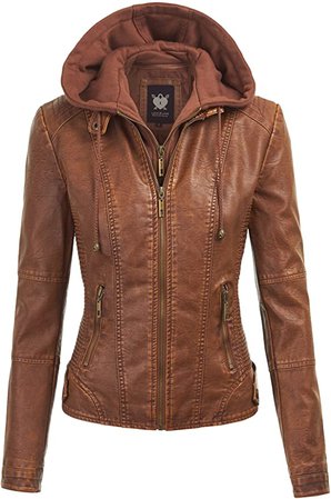 Lock and Love LL WJC1044 Womens Faux Leather Quilted Motorcycle Jacket with Hoodie M Camel at Amazon Women's Coats Shop
