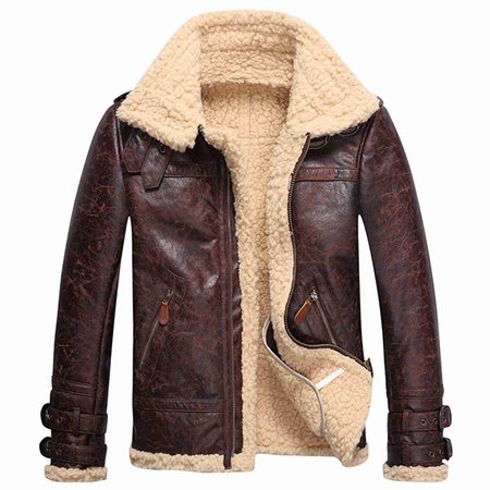 Vintage Mens Leather Jacket Lambs Fur Fleece Bomber Flight Winter Coats