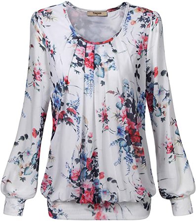 Timeson Work Blouses for Women Office, Long Sleeve Floral Tunics Blouse Ladies Banded Hem Top Formal Office Wear for Women Dressy Pink Blouse Career Shirts for Casual Business Large at Amazon Women’s Clothing store