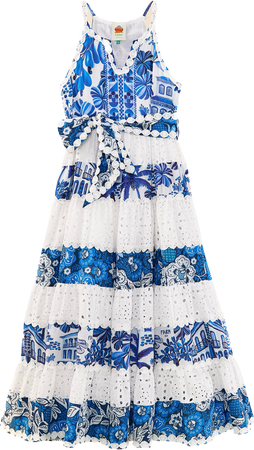 Mixed White and Blue Prints Maxi Dress